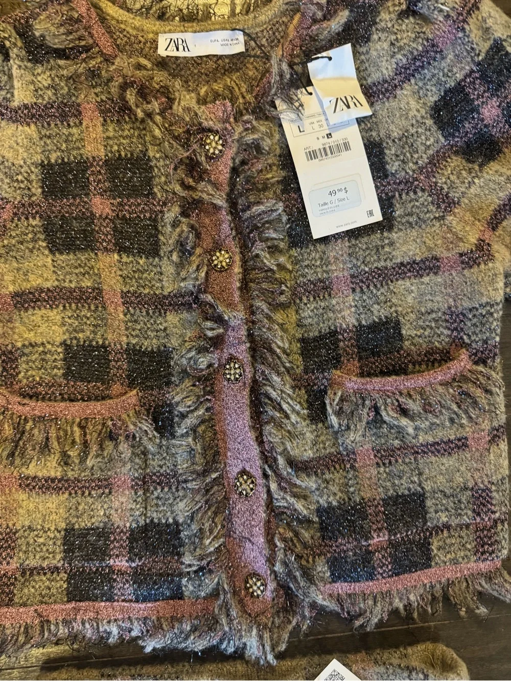 Zara 2 Piece Plaid Tweed Fringe Jacket & skirt in Pink, Black & Cream - Picture 2 of 2
